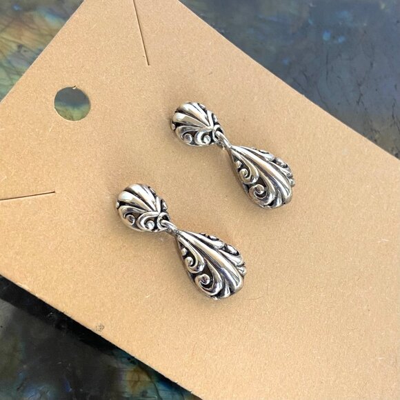 Sterling Silver 925 1" Scrollwork Dot Teardrop Pierced Dangle Drop Earrings - Picture 5 of 16